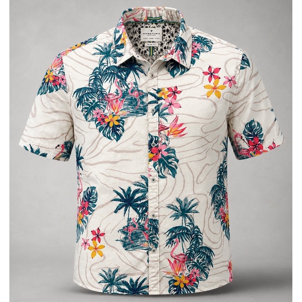 Denim & Flower Men's XL Shirt Slim Fit Flamingo Tropical Hawaiian Button Up - Picture 1 of 10